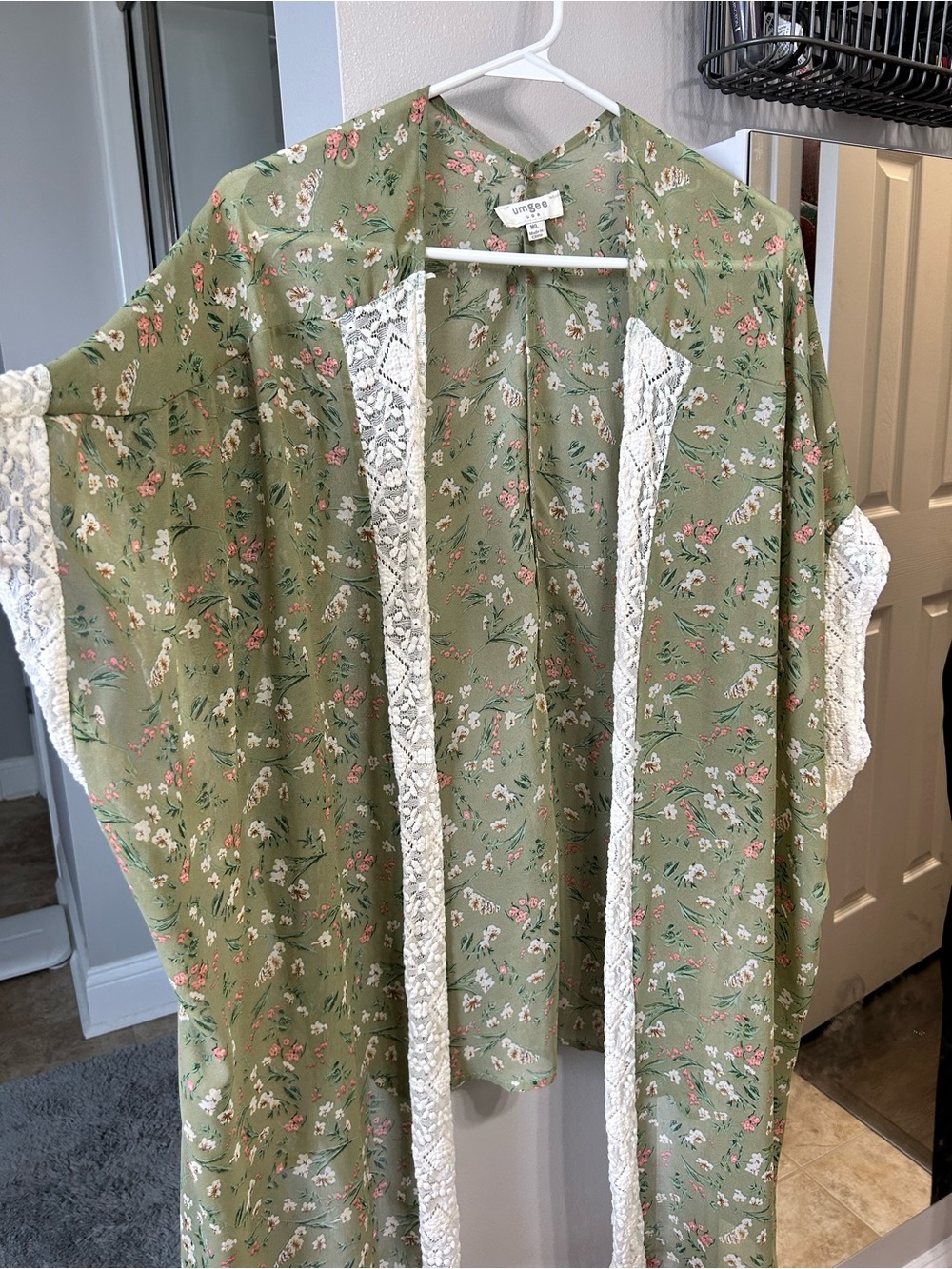Umgee Olive Floral Lace-Trim Open Cardigan
